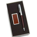 Genuine Brown Leather Chrome Plated Money Clip w/ Matching Ball Point Pen